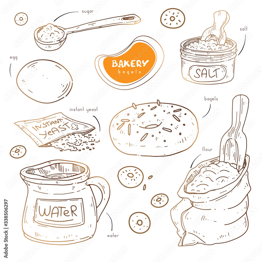 Pastries - bagels recipe. Vector of vintage hand drawn illustration Ingredients for cooking site, menus, books.
