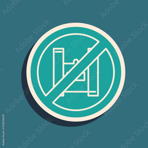 Green Say no to plastic bags poster icon isolated on green background. Disposable cellophane and polythene package prohibition sign. Long shadow style. Vector Illustration