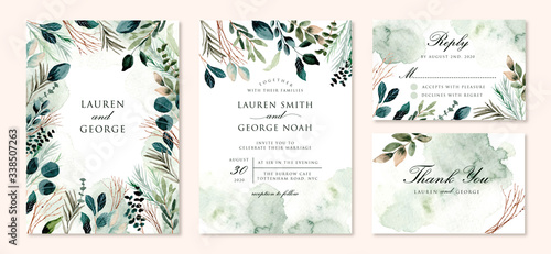 Obraz na plátne wedding invitation set with green foliage branches watercolor