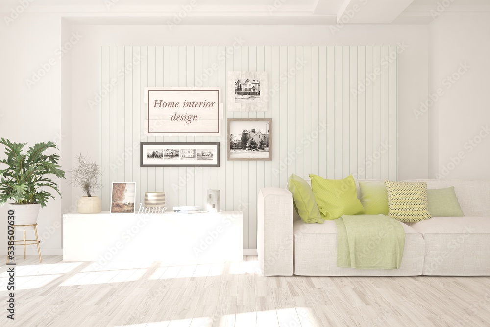 Fototapeta premium White living room with sofa. Scandinavian interior design. 3D illustration
