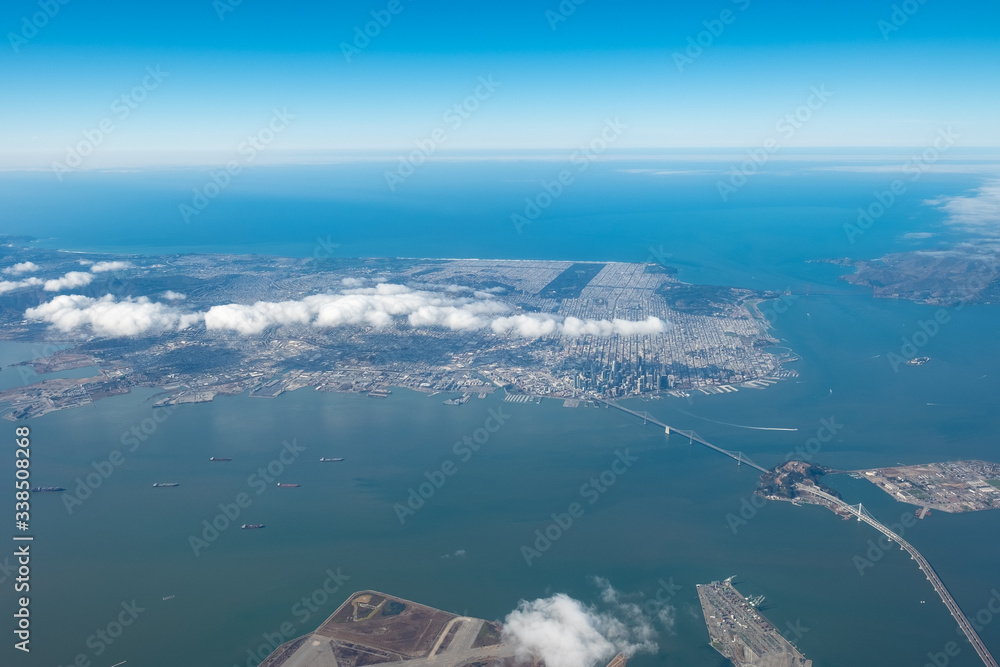 Flying Over San Francisco, View of entire city, gg bridge, clouds, bay bridge - October 10, 2018