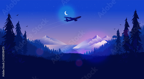 Plane in night sky - Airplane flying over a northern landscape at nighttime with half moon, mountains, ocean and forest. Traveling, vacation, going far away concept. Vector illustration.