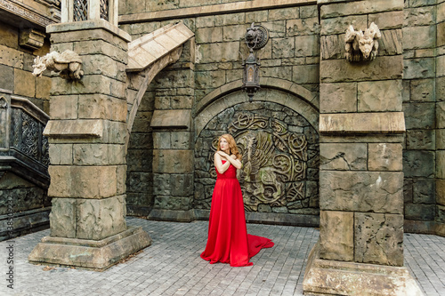 A woman in a red dress stands on a background of a medieval castle