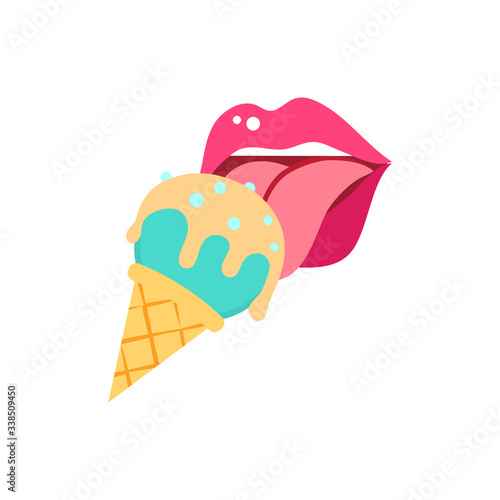 Girl eating ice cream. Open women's mouth licking ice cream in flat cartoon style. Open mouth with tongue out and delicious ice cream