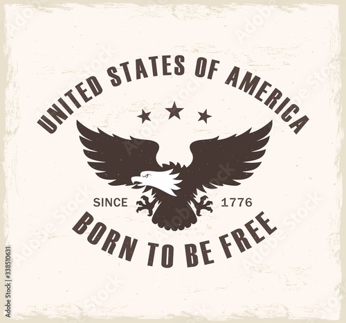 Color illustration of an eagle and text on a background with a grunge texture. Vector illustration on the theme of freedom and democracy in the USA in vintage style. Independence Day USA.