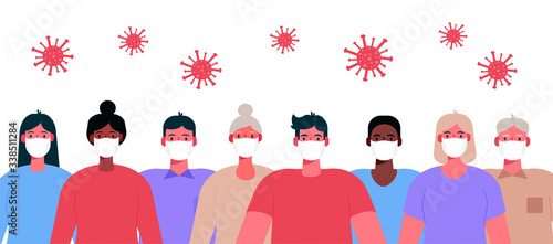 Novel coronavirus 2019-nCoV. Group of people, adults, old people wearing white medical face masks. Concept of coronavirus quarantine . Stop coronavirus. Vector illustration in a flat cartoon style