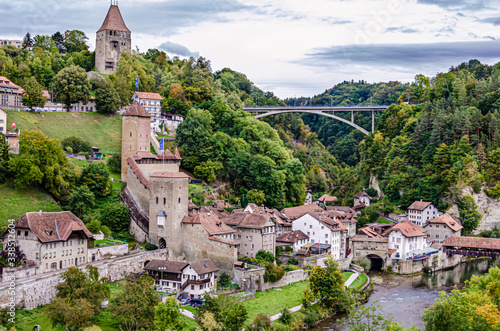 City of Fribourg, Switzerland - old Bern Gate, Bern Bridge and Gotteron Bridge over the river Saane