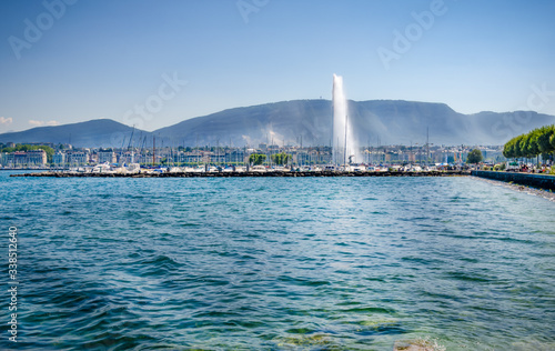 City of Geneva - Geneva Lake  Water fountain and moored yachts