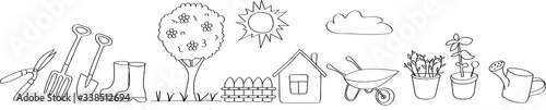 Garden symbols for website design in doodle style. The art line for children's coloring is drawn from black outlines.