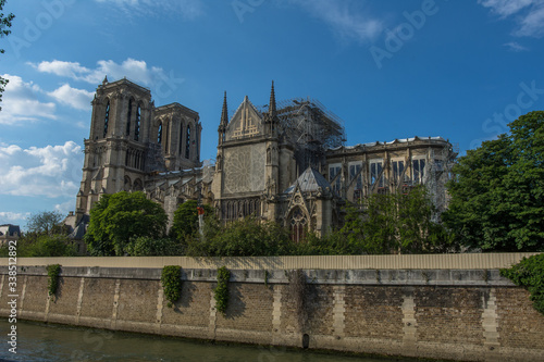 Notre Dame de Paris after fire. Reconstruction work in progress after the fire, to prevent the Cathedral Notre Dame de Paris to collapse