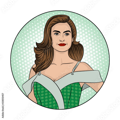 Pop art pretty fashion woman. Beautiful casual woman over green banner background.  Vector and illustration.
