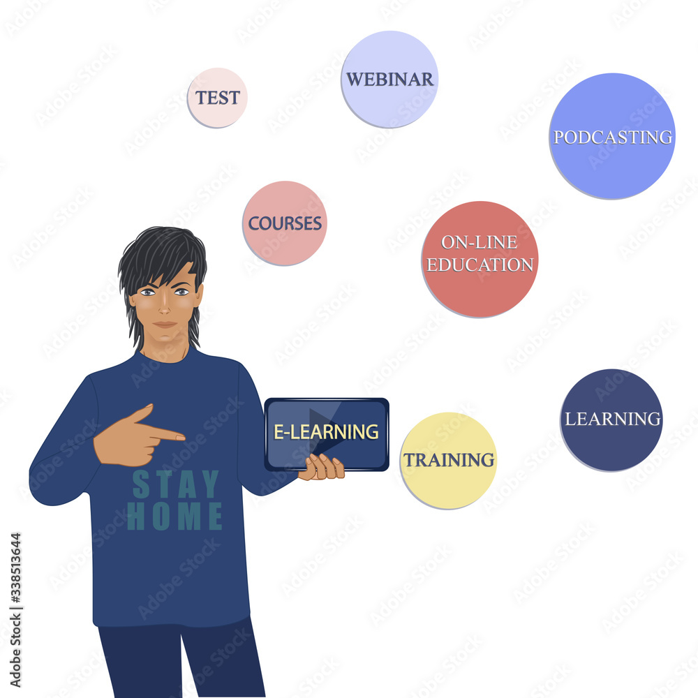 Man with tablet, icons with online learning topics - vector. Quarantine. Digital concept. Work from home. Man with tablet, icons with online learning topics - vector. Quarantine. Digital concept. Work from home.
