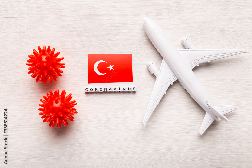 Flight ban and closed borders for tourists and travelers with coronavirus covid-19. Airplane and flag of Turkey on a white background. Coronavirus pandemic. Flight ban and closed borders for tourists and travelers with coronavirus covid-19. Airplane and flag of Turkey on a white background. Coronavirus pandemic.