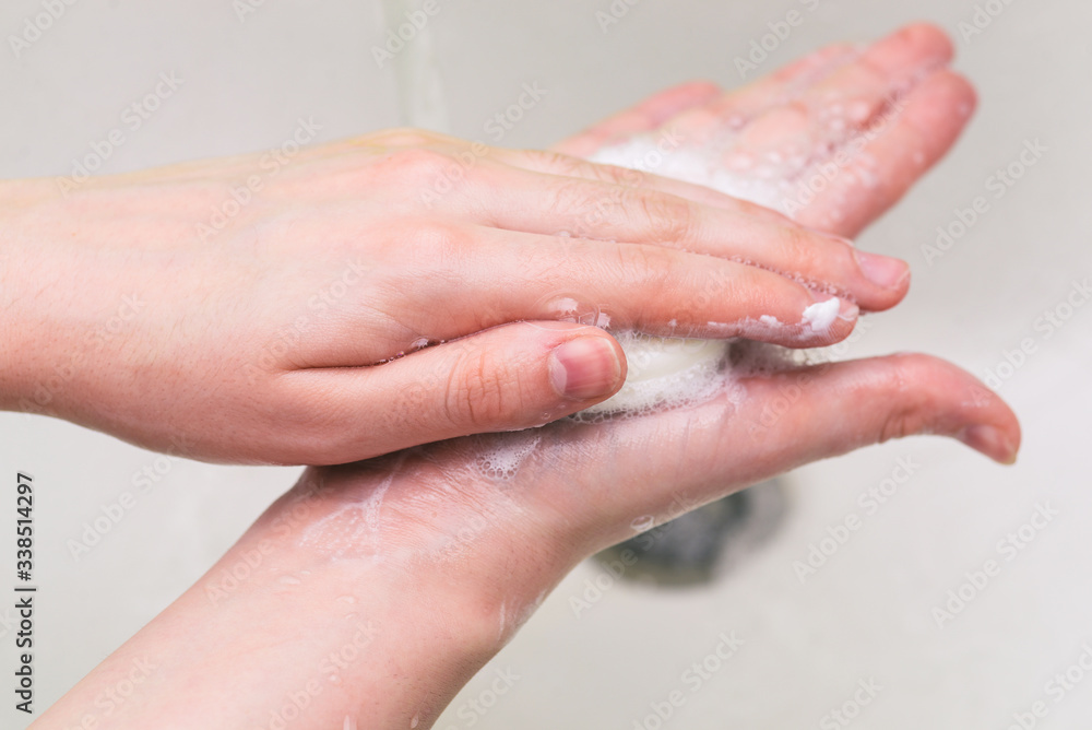 Personal hygiene, prevention of diseases and infections. Hand washing with soap and water to prevent coronavirus. Personal hygiene, prevention of diseases and infections. Hand washing with soap and water to prevent coronavirus.