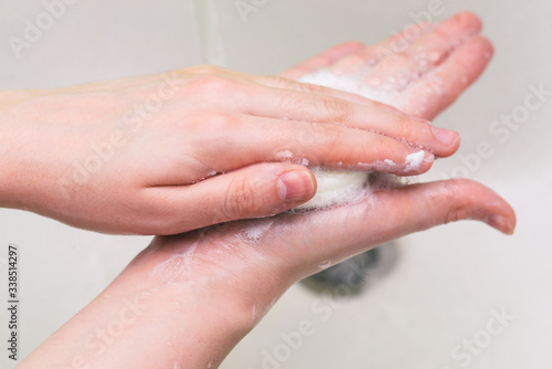 Personal hygiene, prevention of diseases and infections. Hand washing with soap and water to prevent coronavirus.