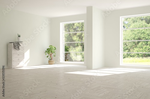 Stylish empty room in white color with summer landscape in window. Scandinavian interior design. 3D illustration