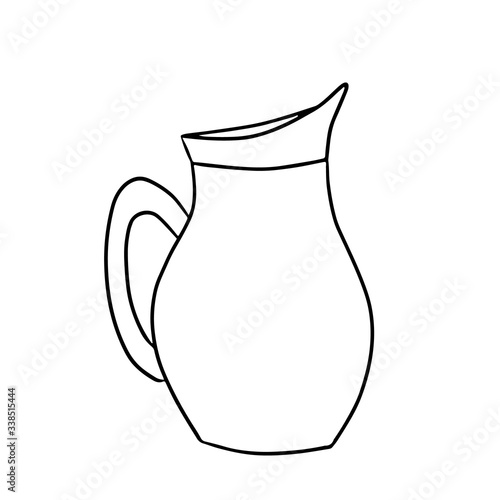 Glass flagon for milk, water, juice. Simple vector outline illustration in cartoon doodle style. Element of dishes - decanter, carafe, bottle, lug, pitcher, jar. Fresh farm dairy products