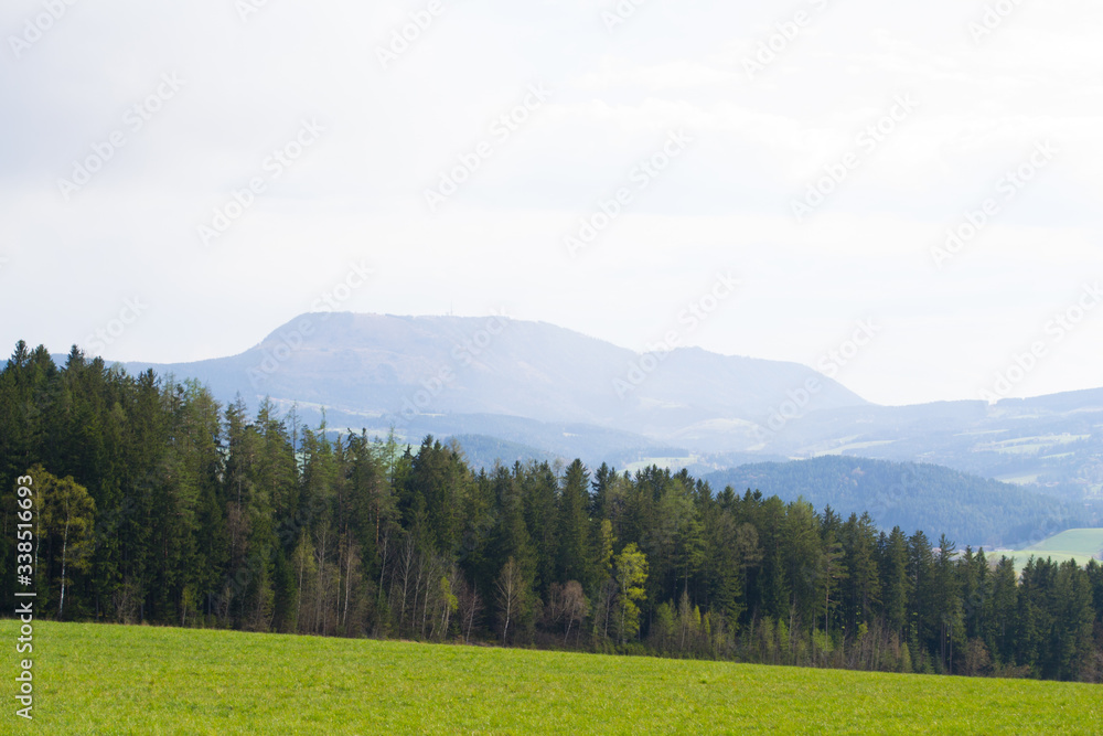 Fototapeta premium Austria, Alps mountains and landscape, hiking in the mountains, styria.
