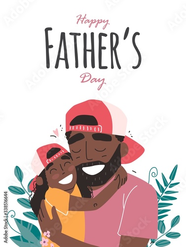 Fathers day, happy family, Black african american daughter hugs dad and smiling