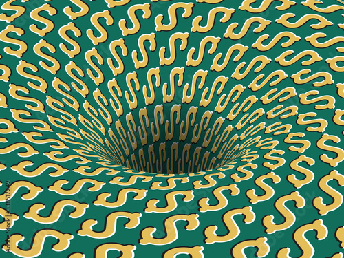 Rotating hole of moving green golden dollar signs pattern. Vector optical illusion illustration.