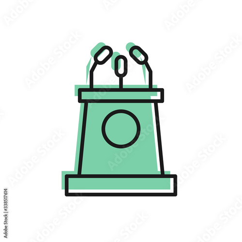 Black line Stage stand or debate podium rostrum icon isolated on white background. Conference speech tribune.  Vector Illustration