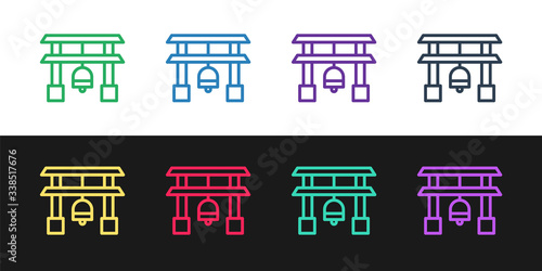 Set line Japan Gate icon isolated on black and white background. Torii gate sign. Japanese traditional classic gate symbol.  Vector Illustration