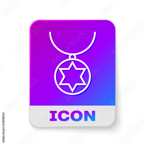 White line Star of David necklace on chain icon isolated on white background. Jewish religion. Symbol of Israel. Jewellery and accessory. Rectangle color button. Vector Illustration