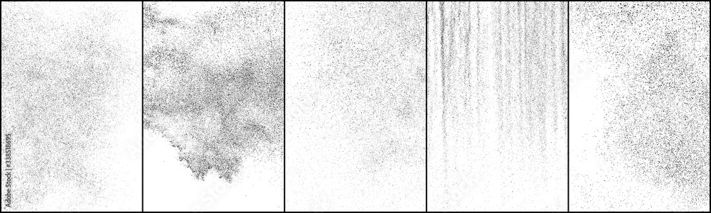 Set of distressed black texture. Dark grainy texture on white background. Dust overlay textured. Grain noise particles. Rusted white effect. Grunge design elements. Vector illustration, EPS 10.