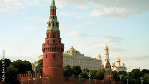 Exterior of The Moscow Kremlin includes Kremlin towers and The Grand Kremlin Palace. 4K