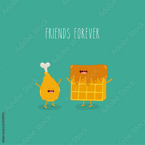 waffles with chicken leg friends forever. Vector illustration.
