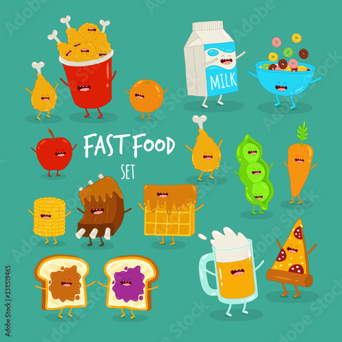 cartoon food set, breakfast, cornflakes, beer and pizza, vegetables, friends forever. Vector illustration.