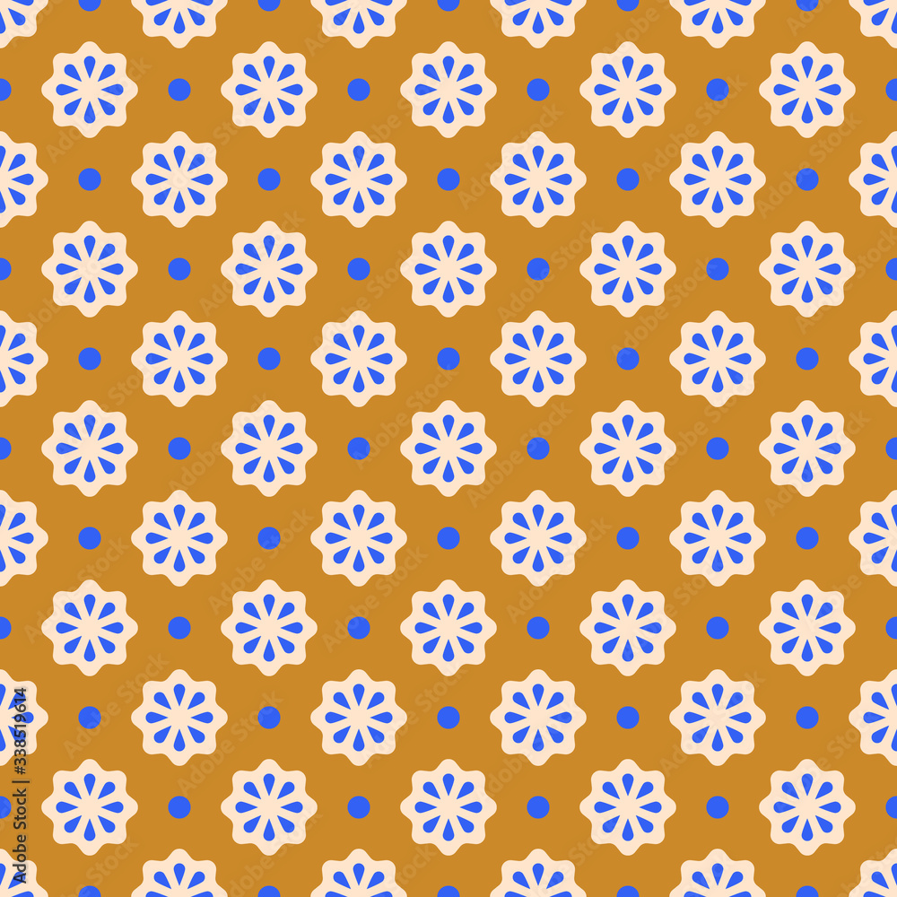 Vector seamless pattern. Abstract simple flower design.Blue and beige elements on a brown background. Modern minimal illustration perfect for backdrop graphic design, textiles, print, packing, etc.