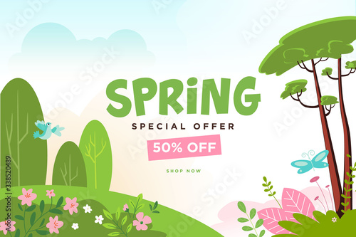 Spring sale banner. Vector illustration for graphic and web design, marketing material, product promotion, social media, online shopping, internet advertising.