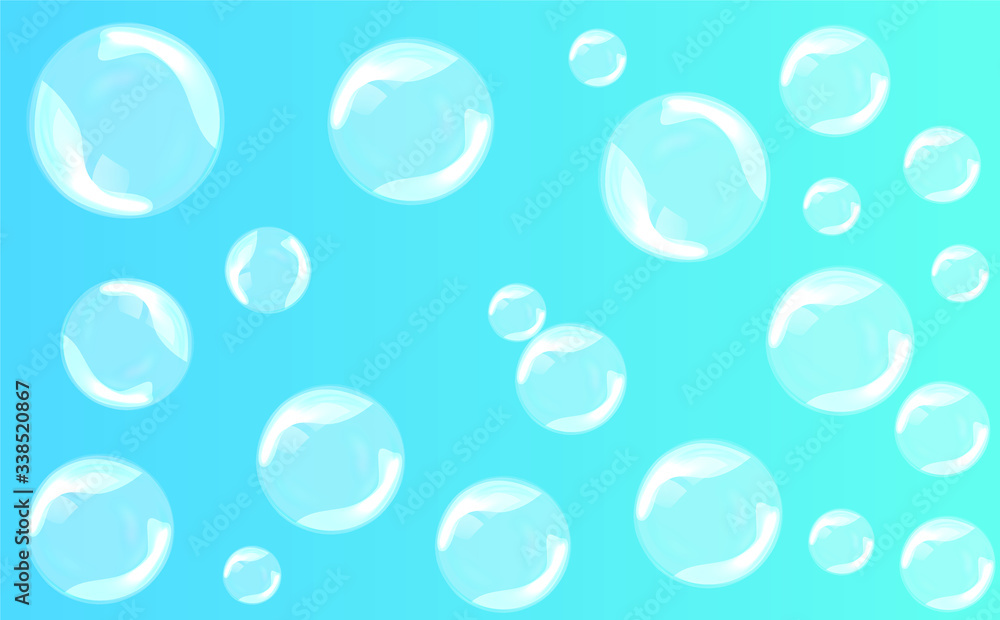 Bath foam isolated on blue background. Editable design. Shampoo bubbles texture. Sparkling shampoo and bath lather. Vector illustration.