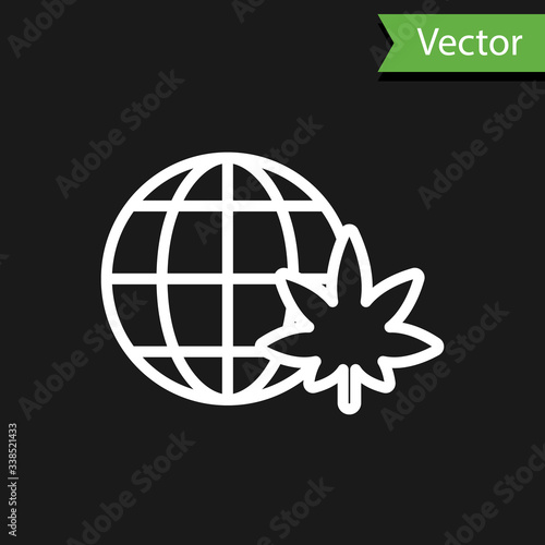 White line Legalize marijuana or cannabis globe symbol icon isolated on black background. Hemp symbol.  Vector Illustration