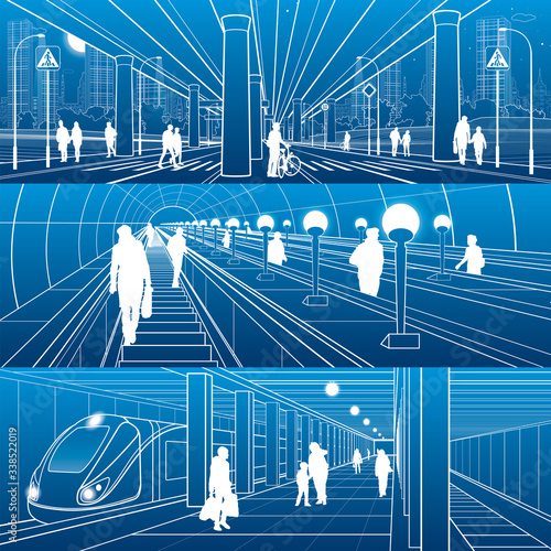 Set of city transport infrastructure illustrations. Street and in underground scene. People urban life. Outline images for your project.