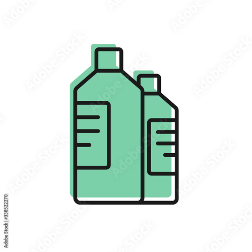 Black line Plastic bottles for laundry detergent, bleach, dishwashing liquid or another cleaning agent icon isolated on white background.  Vector Illustration