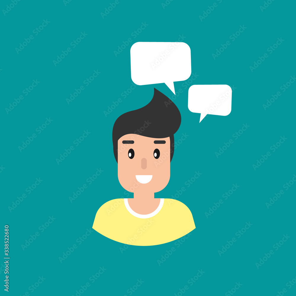 man with speech bubble on blue background. Talk, chat message, communicate, messenger concept man with speech bubble on blue background. Talk, chat message, communicate, messenger concept
