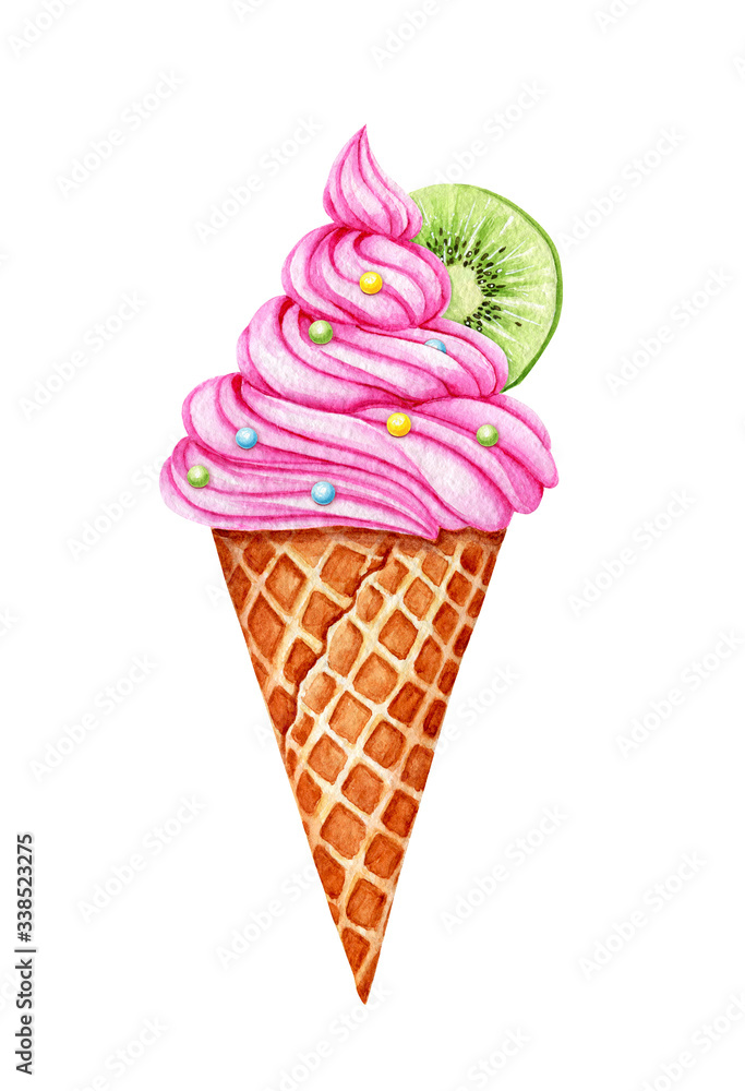 Watercolor ice cream. Sweet for Birthday postcard Greeting card. Dessert for holiday and party. Hand drawn illustration for menu. Artistic design with food  for cafe. Freehand drawing