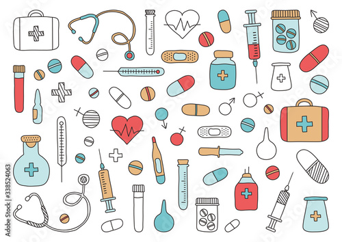 Mobile medicine, medical research. Hand drawn icons. Vector illustration