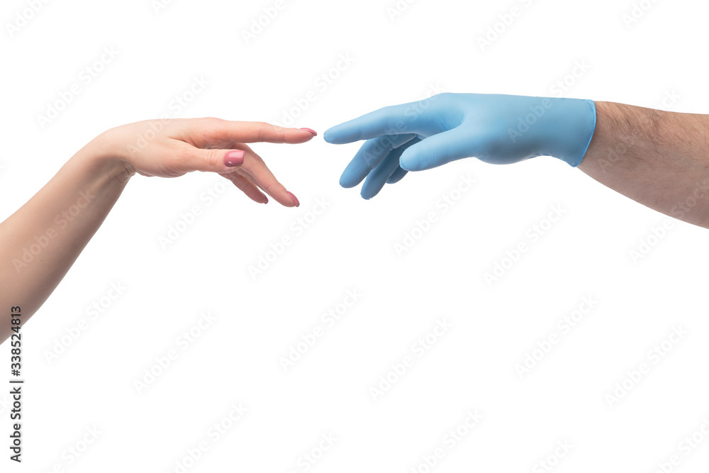 Hand in gloves connects with hand without gloves