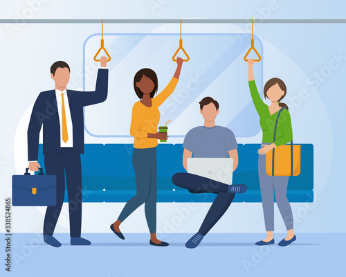 People go by public transport - subway, bus, train. Public transport. Flat vector illustration. Social distancing