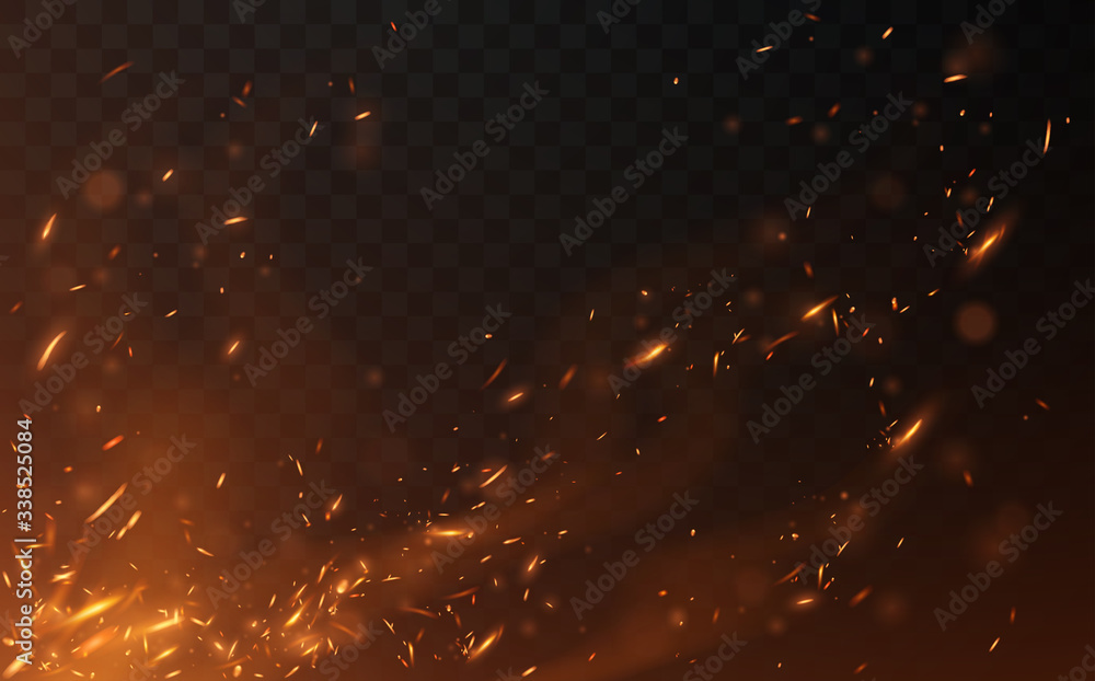 Flying fire sparks on transparent background