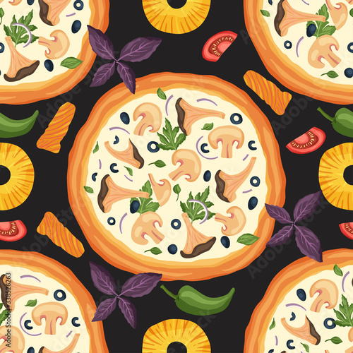 Italian cheese mushroom pizza vector illustration with chanterelles and champignons. Delicious tasty snack seamless pattern with pineapple, tomato, pepper and olives, Flat design.