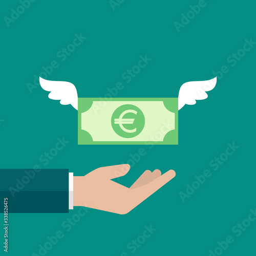Hand with euro banknote with wings. Vector flat illustration on blue.