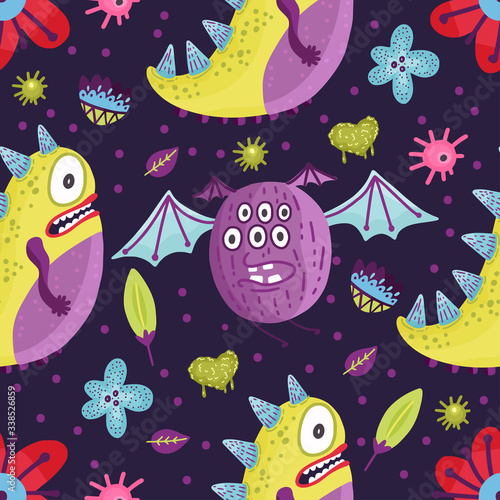 Cute cartoon flying monster vector seamless pattern in a flat style. Funny kid alien character background. Mutant beast animal comic wallpaper on a dark background.