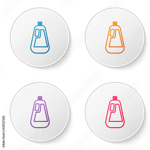 Color line Plastic bottle for liquid laundry detergent, bleach, dishwashing liquid icon isolated on white background. Set icons in circle buttons. Vector Illustration
