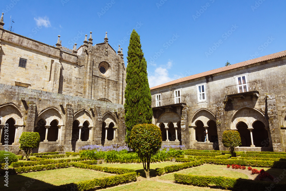 Tuy, Pontevedra province, Galicia, Spain - July 28th, 2018 : Cloisters of the  cathedral of Tui(11th–13th century) which merges  Romanesque and Gothic elements.