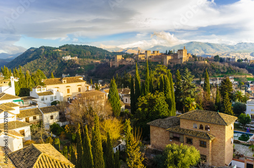 Granada, Spain - February 11th, 2019 :  Alhambra palace and overhead of the Unesco listed Albaicin quarter.