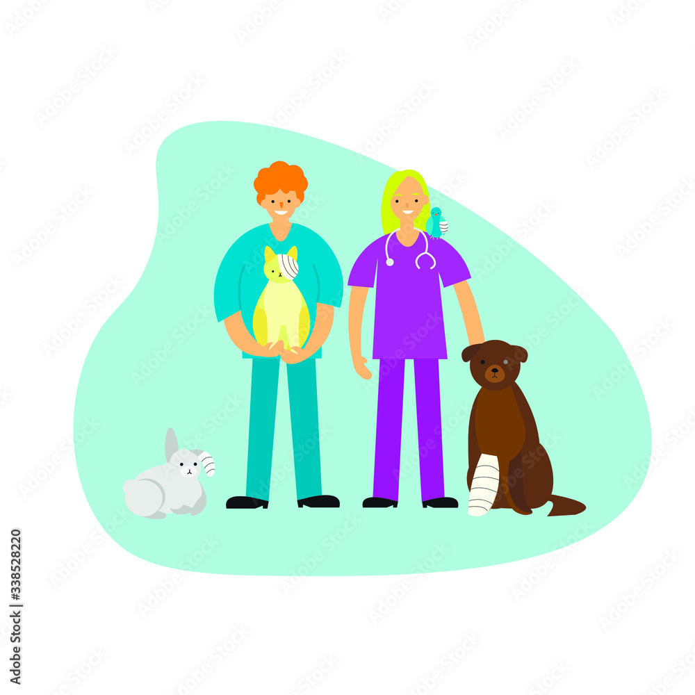 Vet profession. Smiling veterinarian with sick pets. Isolated vector illustration. Vet profession. Smiling veterinarian with sick pets. Isolated vector illustration.